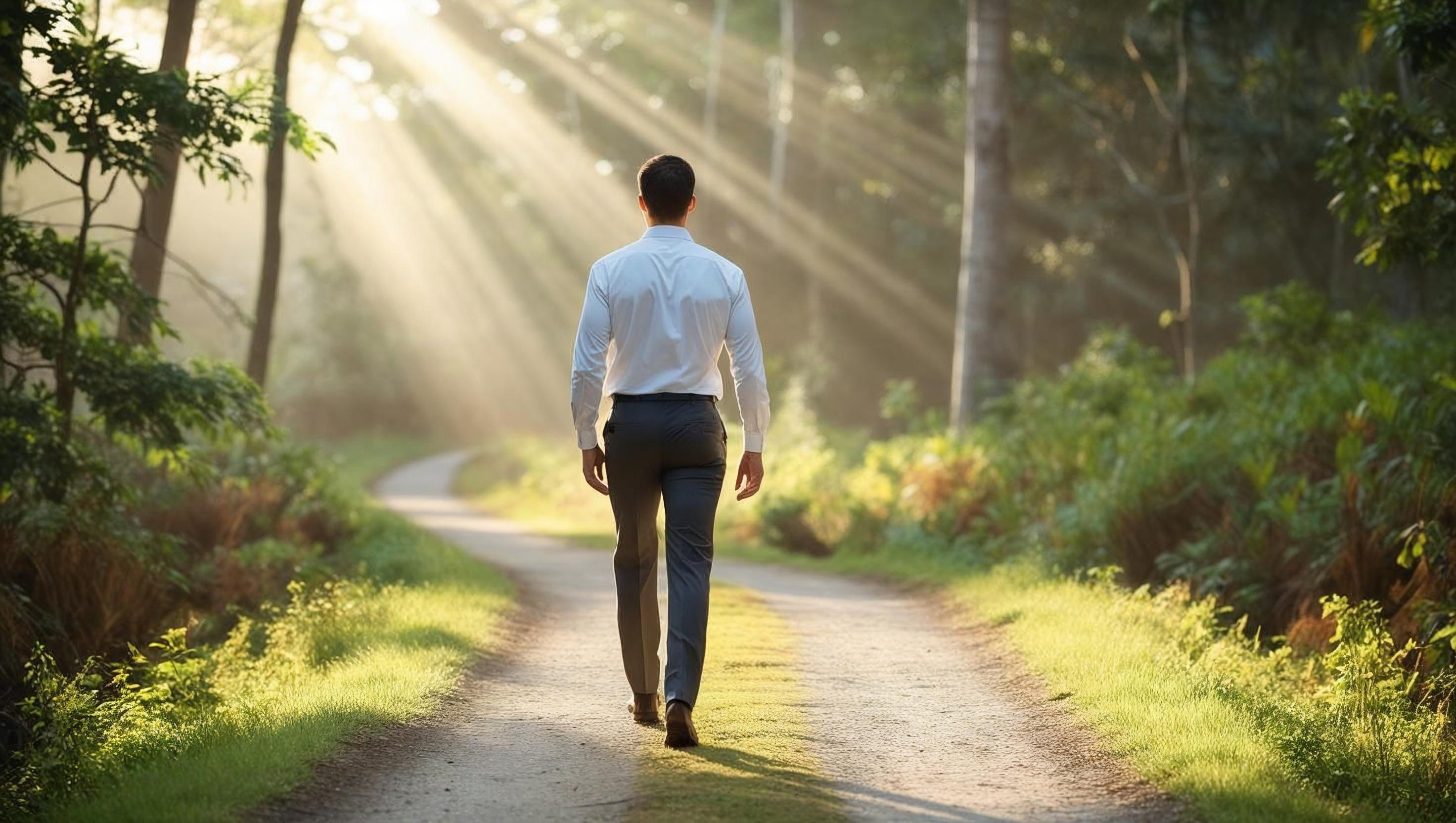 A single person walking confidently down a well-defined forest path. Early morning light, soft focus, peaceful and inspiring atmosphere. The path is clearly visible, representing clarity and direction. Natural greens and browns with subtle light rays. Symbolizes guidance and a professional journey.